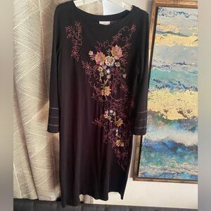 J.jill Dress Women Black Embroidered Size Small  3/4 Sleeves